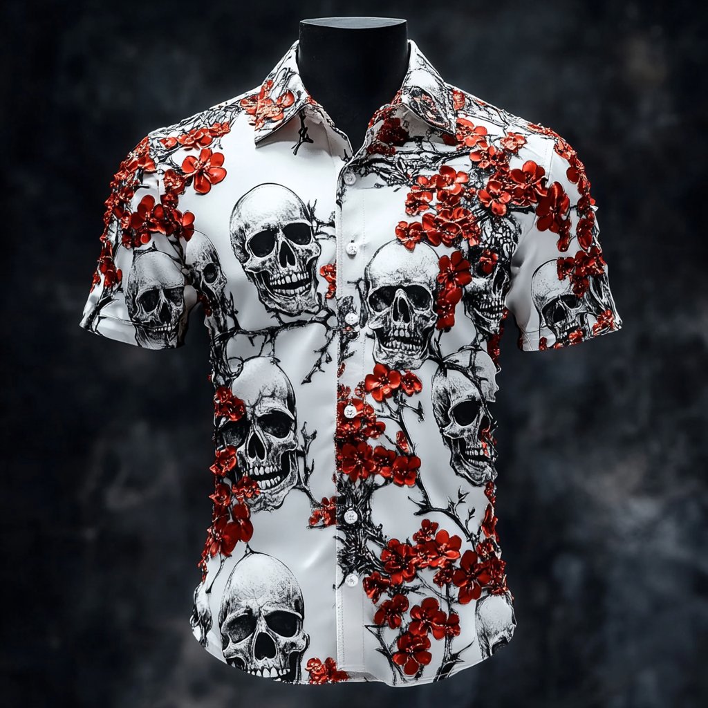 Men's Casual Vintage Floral Skull Print Short Sleeve Shirt