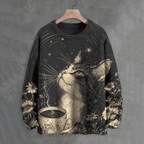 Men's Cat Drinks Coffee Under The Stars Japanese Art Print Knit Crew Neck Sweater