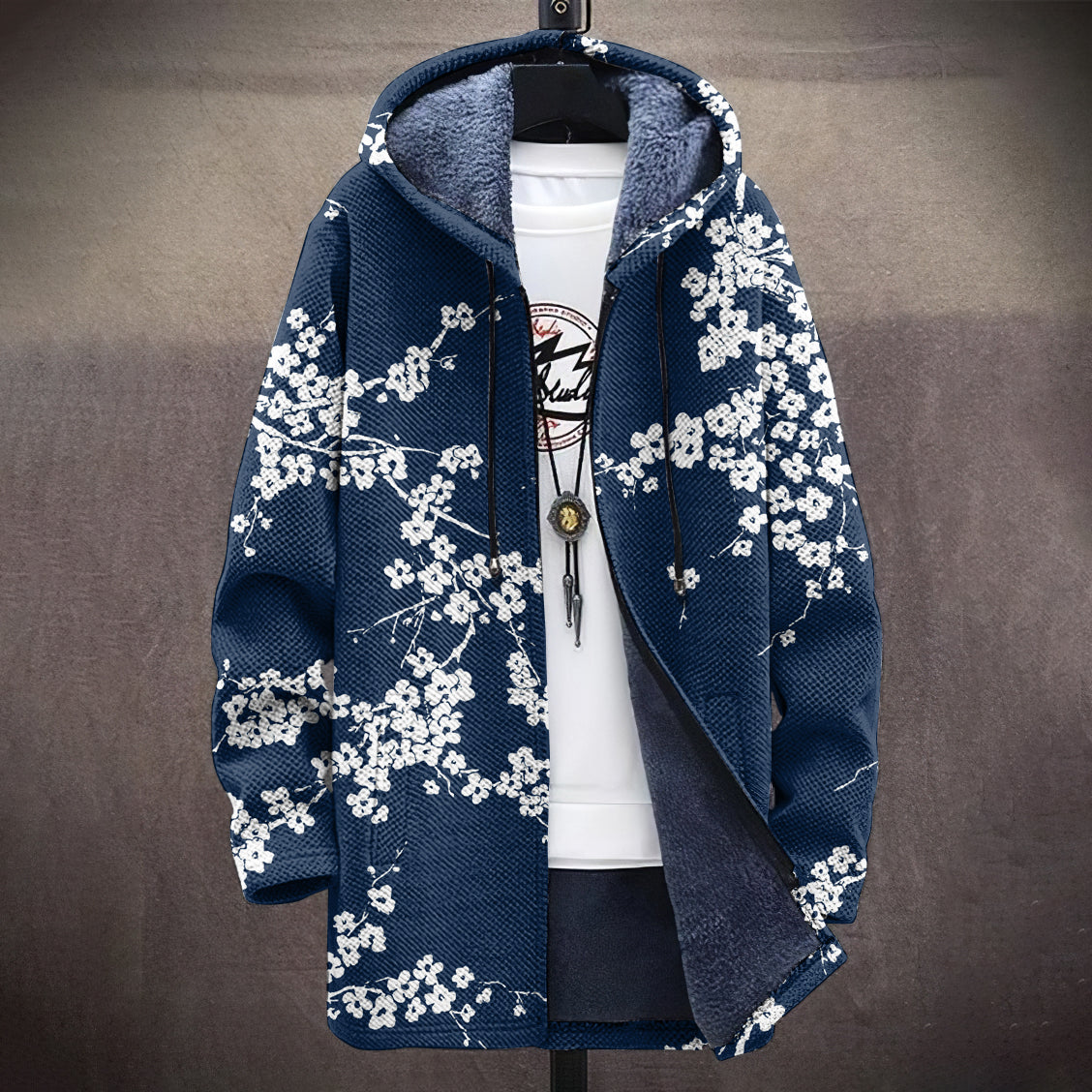 Men's Cherry Blossom Japanese Lino Pattern Cozy Hooded Cardigan