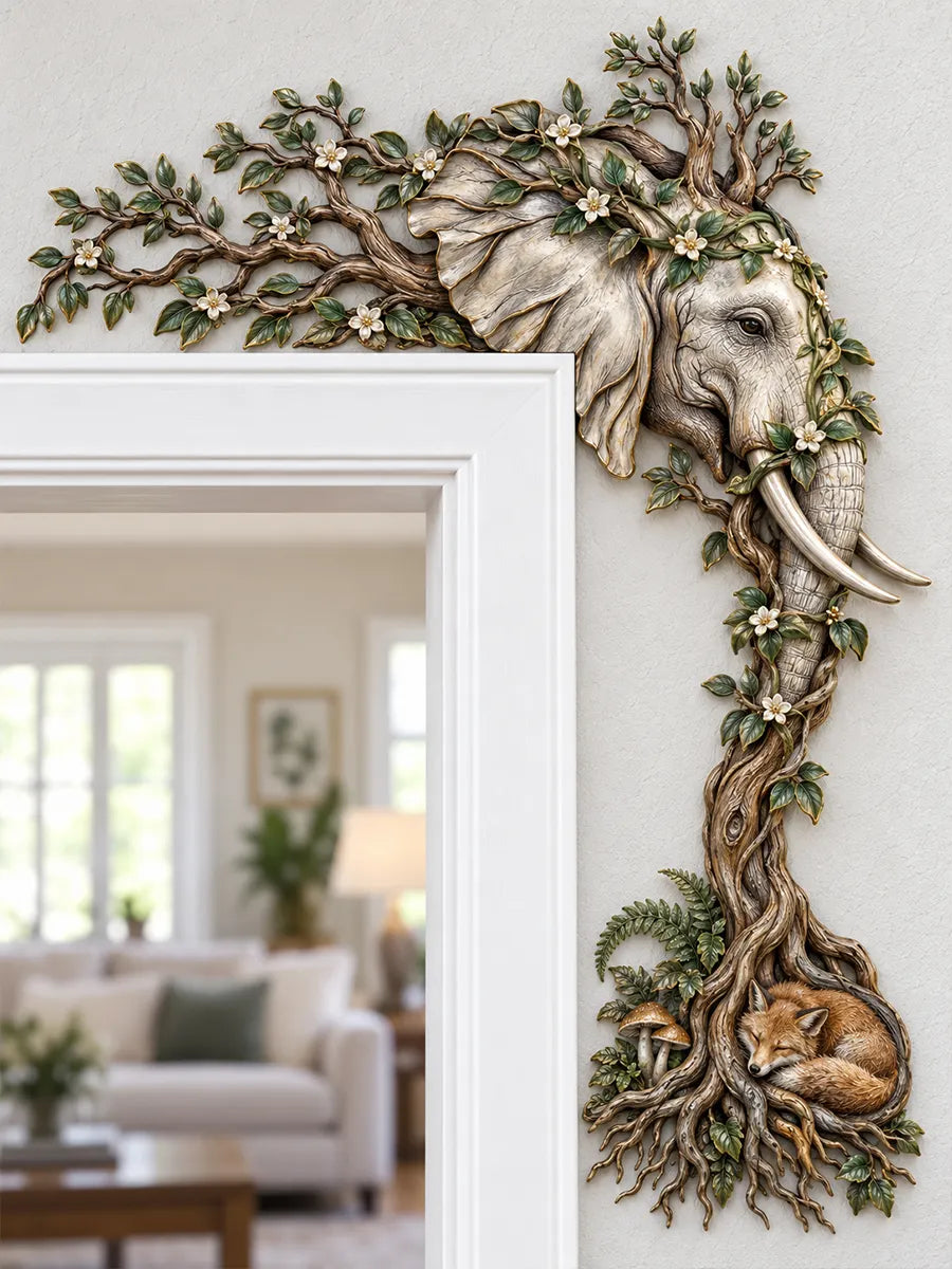 🐘 Majestic Elephant & Sleepy Fox Door Frame Corner Sculpture