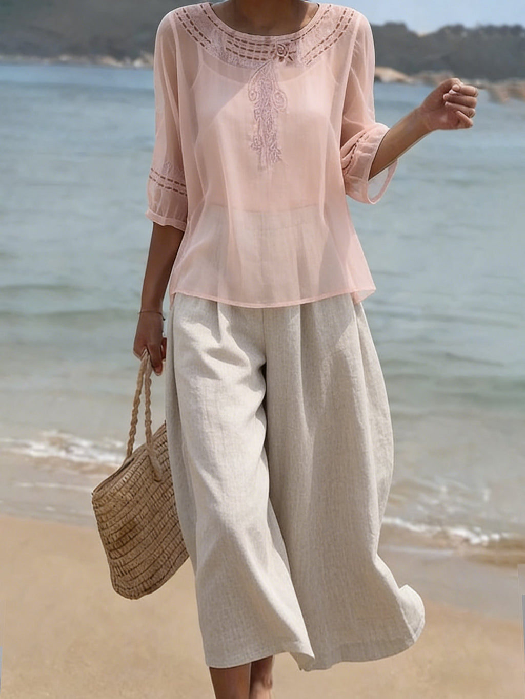 Women's Vintage Floral Embroidered Cotton Linen Two Piece Set