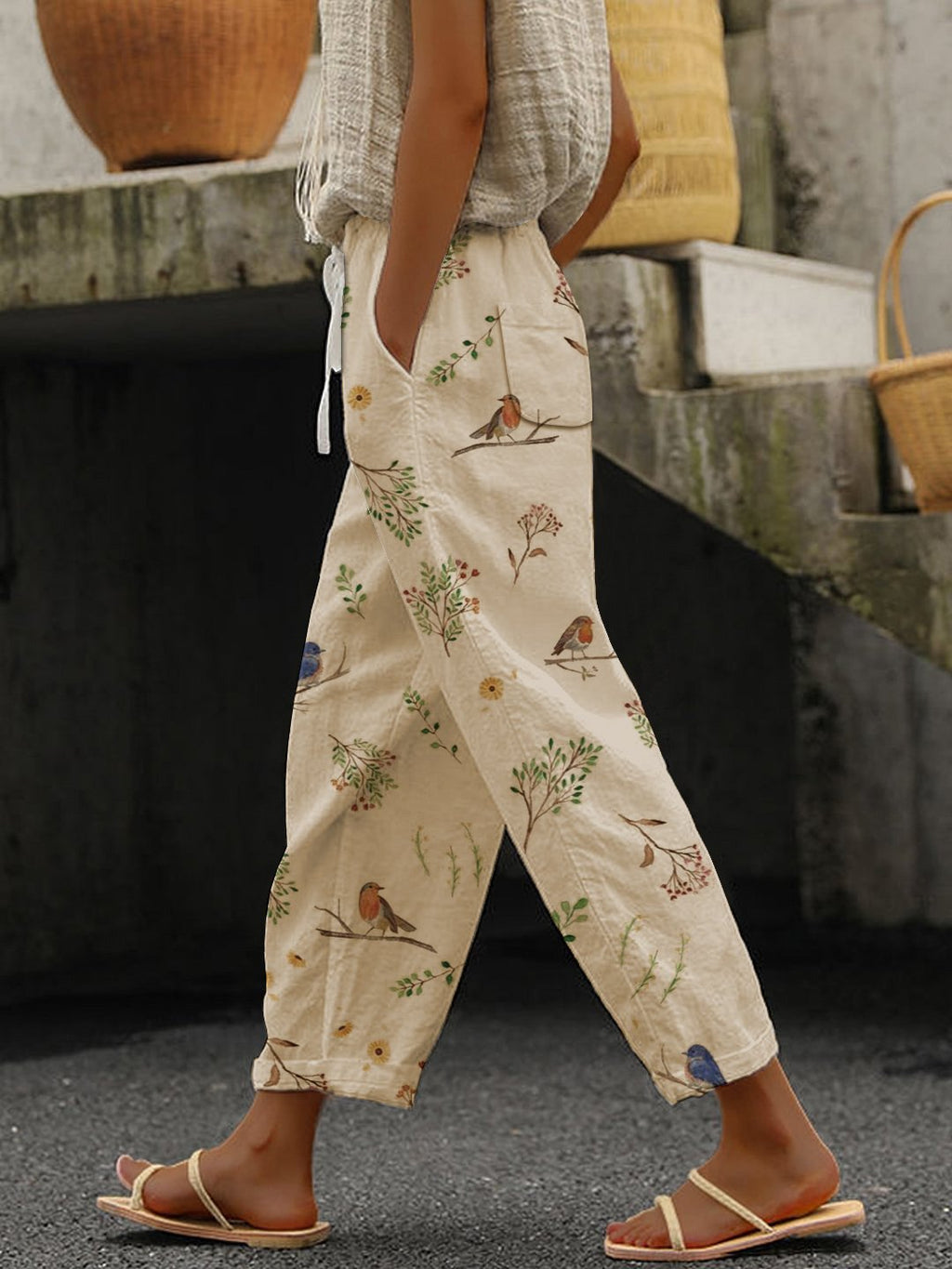 Women's Casual Cotton-Linen Trousers with Floral and Bird Print (With Pockets)