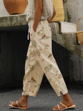 Women's Casual Cotton-Linen Trousers with Floral and Bird Print (With Pockets)