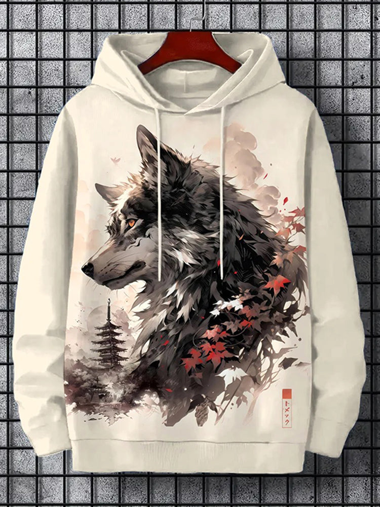 Men's Japanese Wolf Art Print Long Sleeve Hoodie