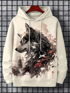 Men's Japanese Wolf Art Print Long Sleeve Hoodie