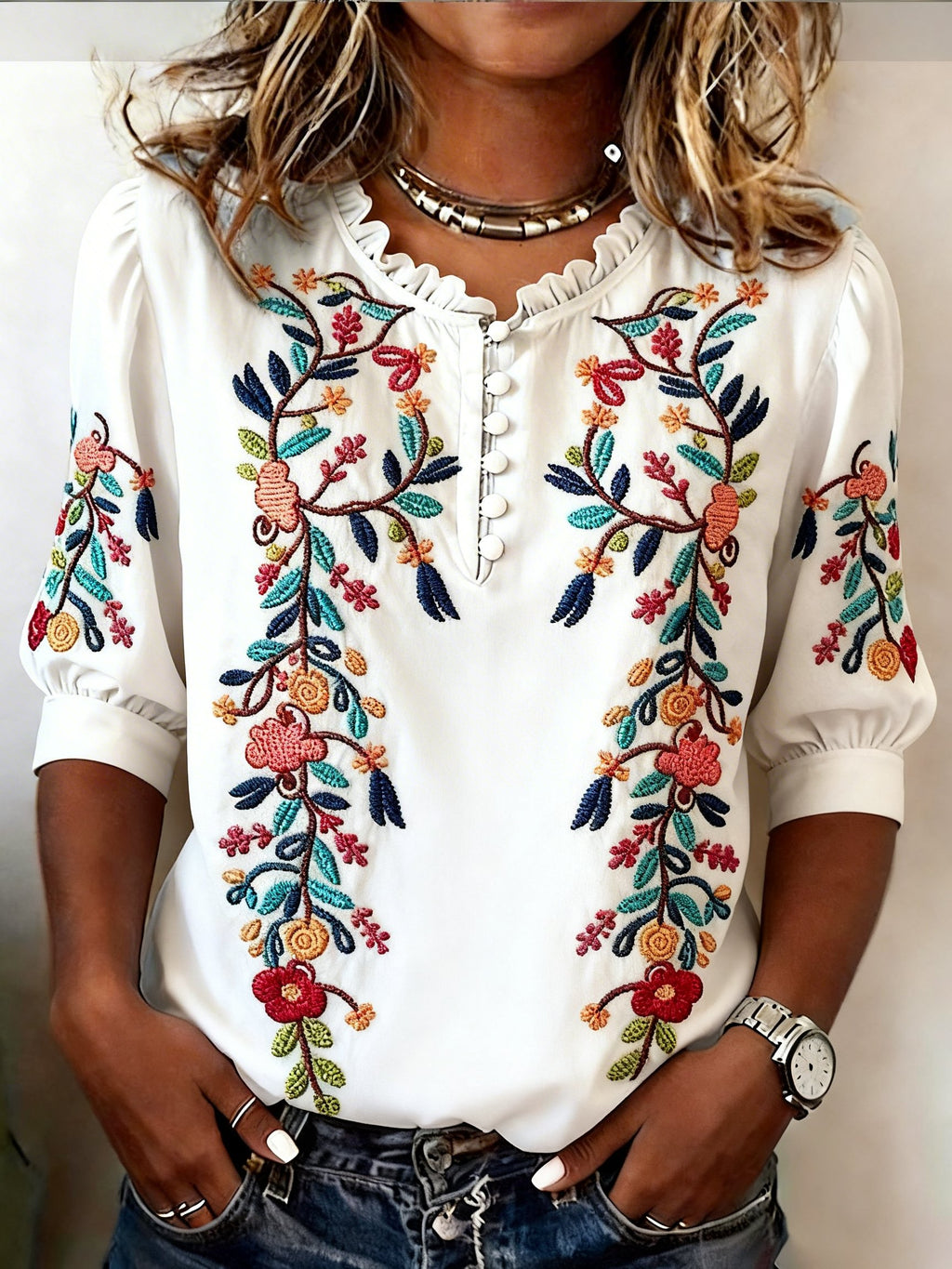 Women's Floral Pattern Art Print Casual Ruffle Collar Shirt