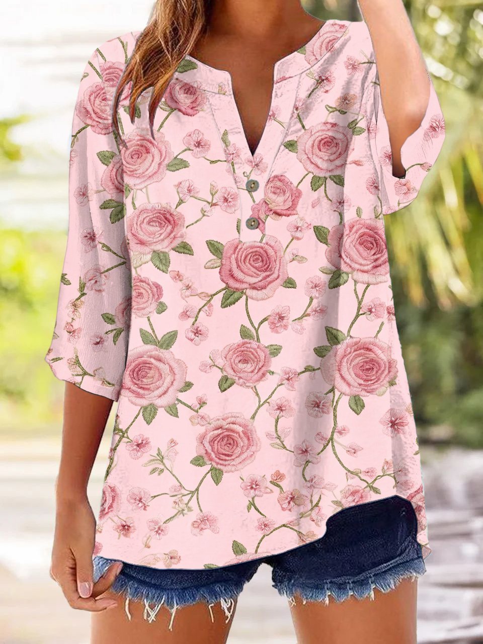Women'S Casual Pink Floral Print Shirt