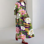 Japanese Art Peony Print Casual Midi Dress
