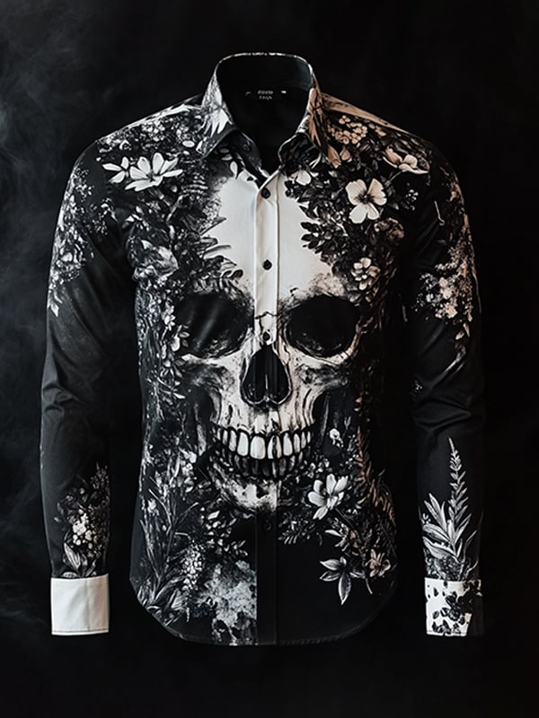 Men's Outdoor Vintage Skull and Floral Long Sleeve Shirt