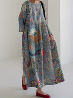 Vintage Japanese Art Flower Print Midi Dress