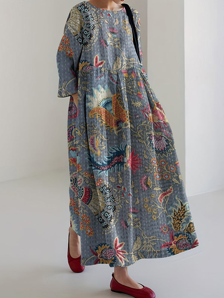 Vintage Japanese Art Flower Print Midi Dress