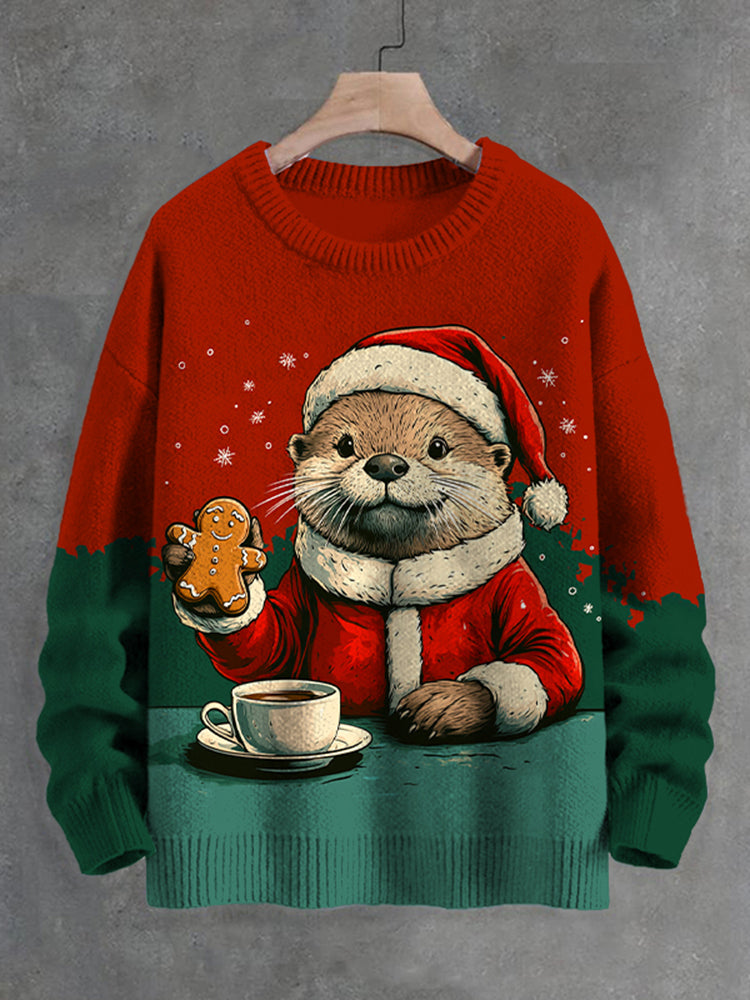 Men's Vintage Christmas Otter Eating Cookies And Coffee Color Block Art Print Knit Sweatshirt