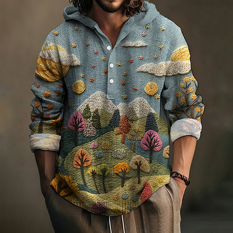 Men's Colored Forest Mountain View Embroidery Print Linen Hooded Shirt