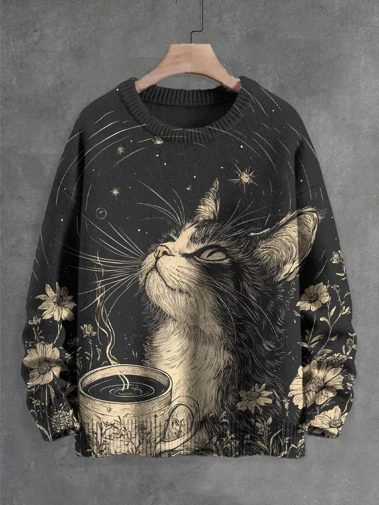 Men's Cat Drinks Coffee Under The Stars Japanese Art Print Knit Crew Neck Sweater