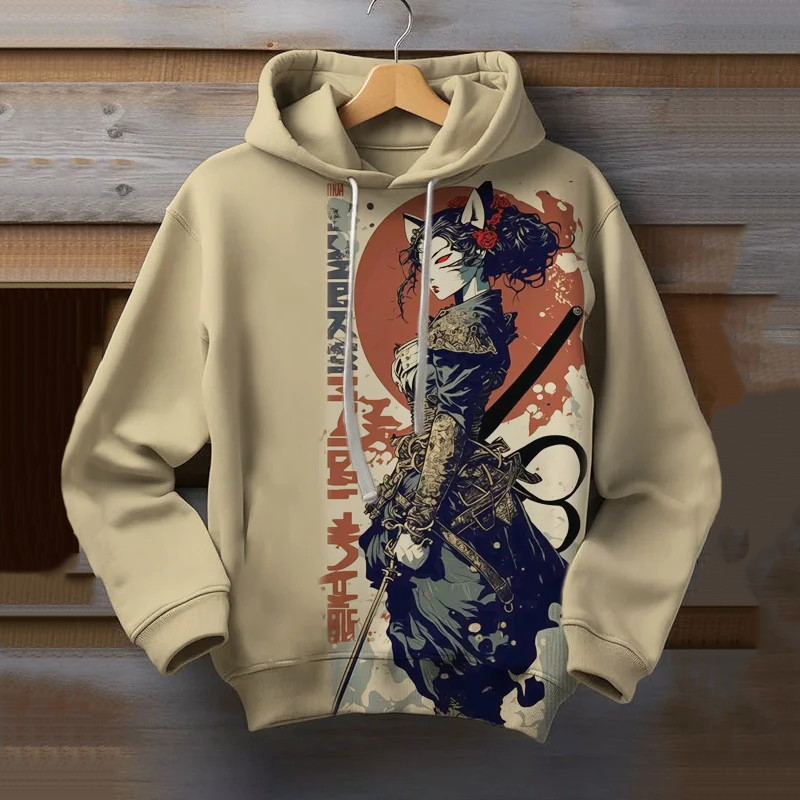 Men's Retro Anime Art Print Long Sleeve Hoodie