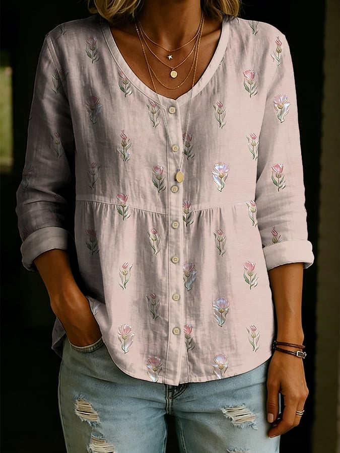 Women's Casual Floral Print Cotton Linen Top